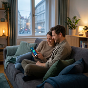 Paar prüft zuhause den Energieverbrauch ihrer Gemeinschaft auf dem Smartphone