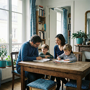 Eltern helfen Kindern bei den Hausaufgaben - Energie für ein vernetztes Zuhause