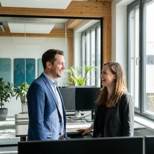 Zwei Kolleginnen besprechen ihre Energiegemeinschaft im modernen Büro